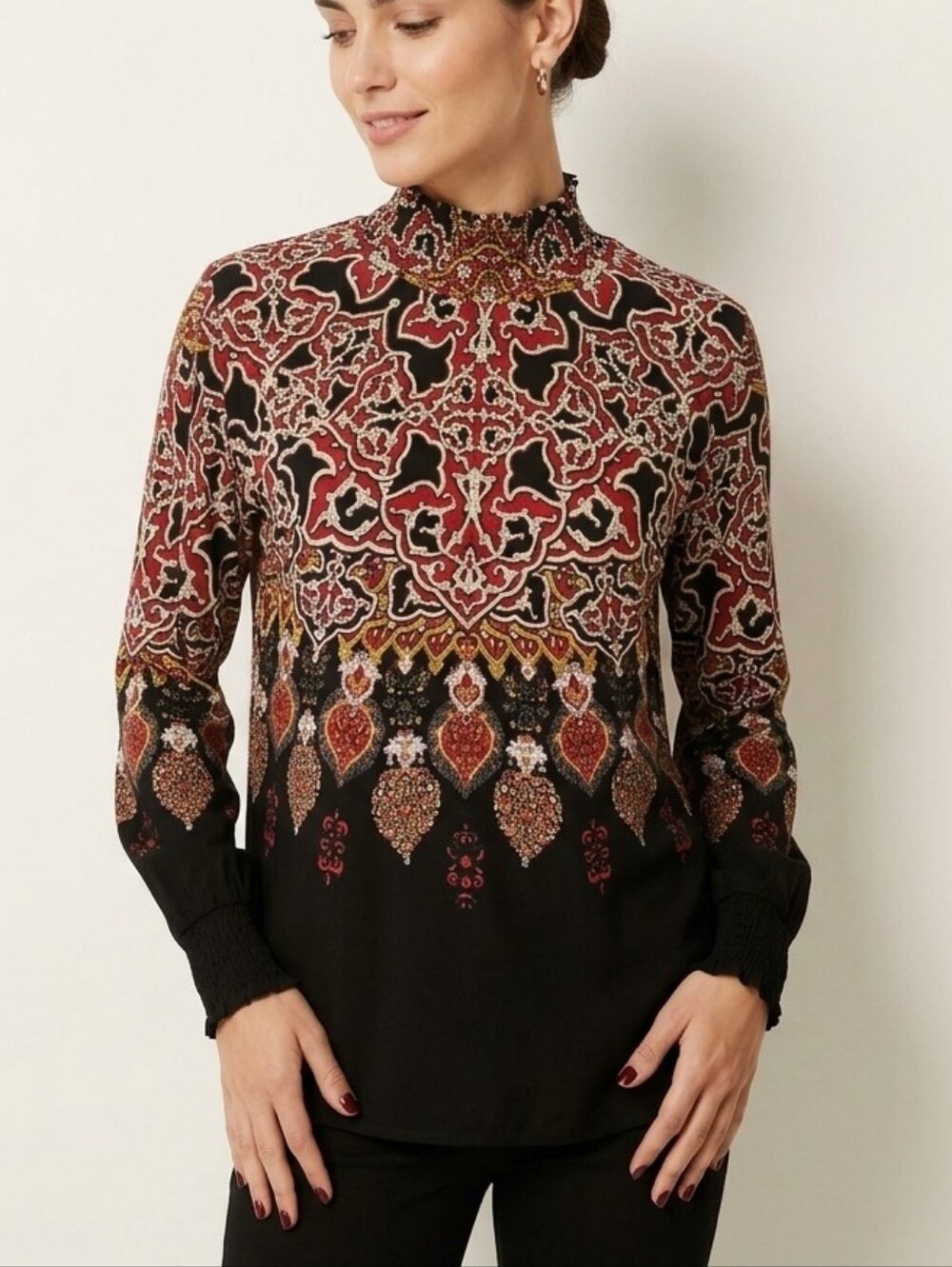 Desigual Ada High-Neck Rhinestone Blouse M Black Red Gold Mock Neck Boho Artsy